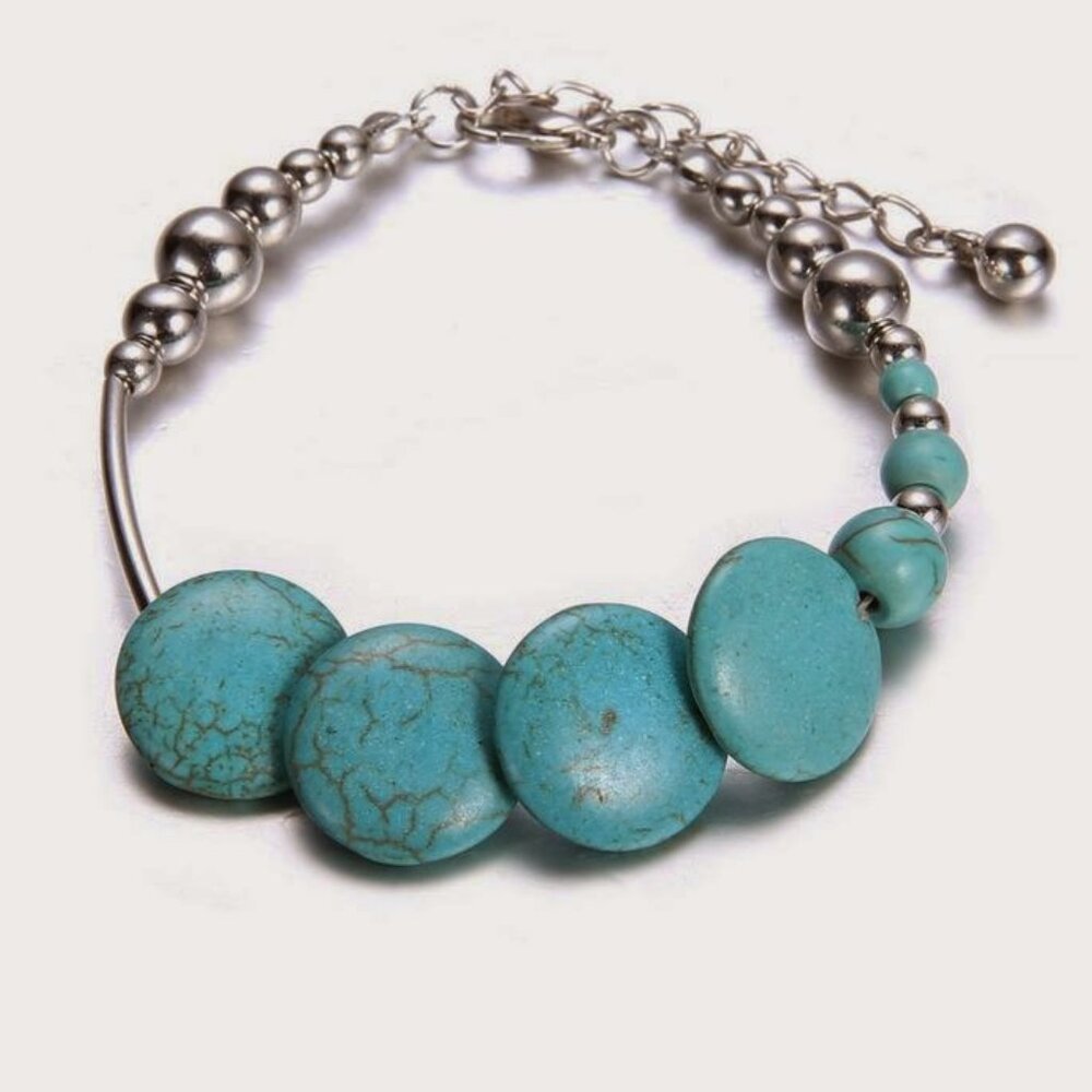 Genuine Turquoise Disc Silver Bracelet Native American Inspired Unisex 7"–8"